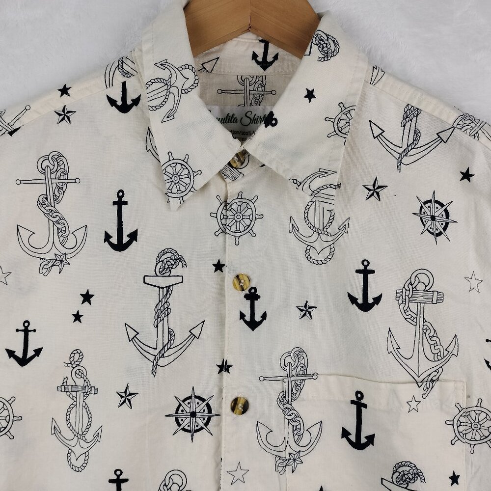 Sayulita Shirt Co Men Size S White Blue Short Sleeve Sailing Nautical Anchor AOP